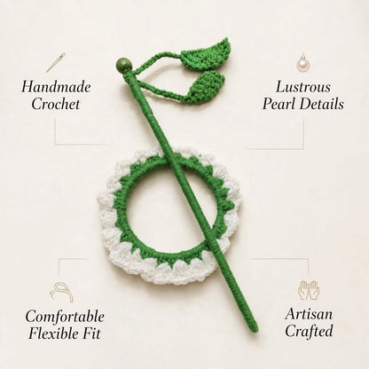 Handmade Crochet White & Green Bun Stick Pin – Floral Ring & Leaf Details