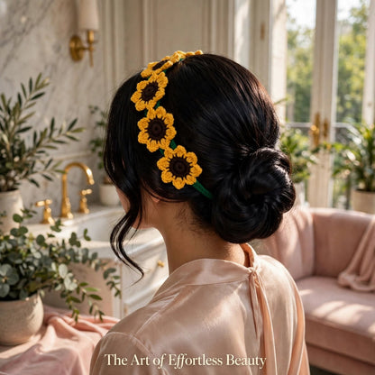 Handmade Crochet Sunflower Hairband – Green Band with Yellow Petals