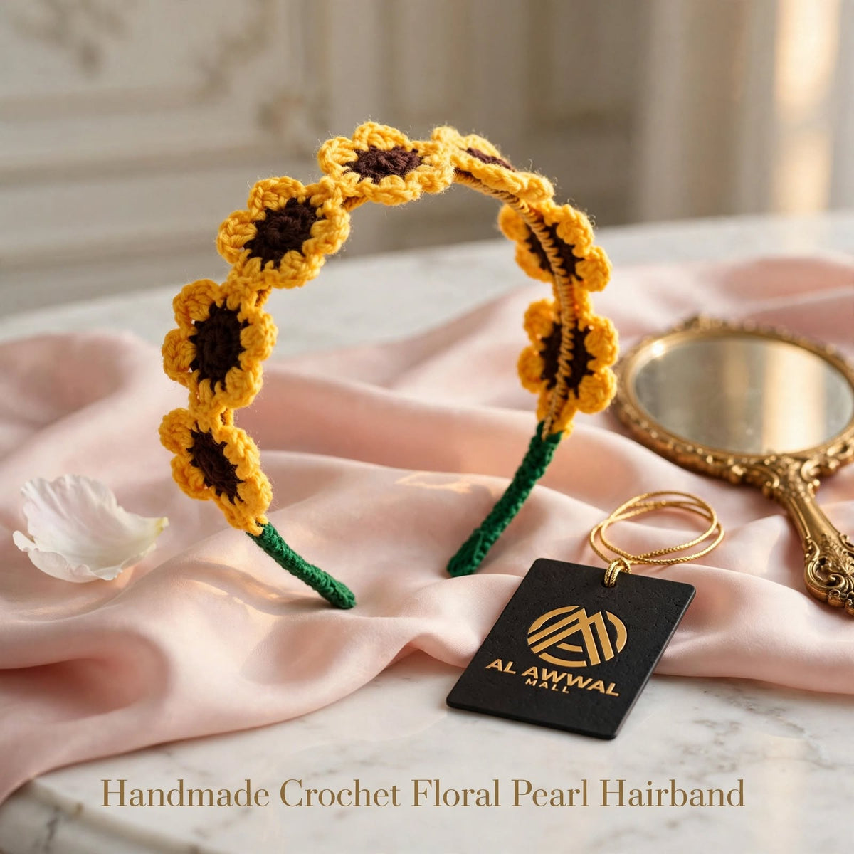 Handmade Crochet Sunflower Hairband – Green Band with Yellow Petals