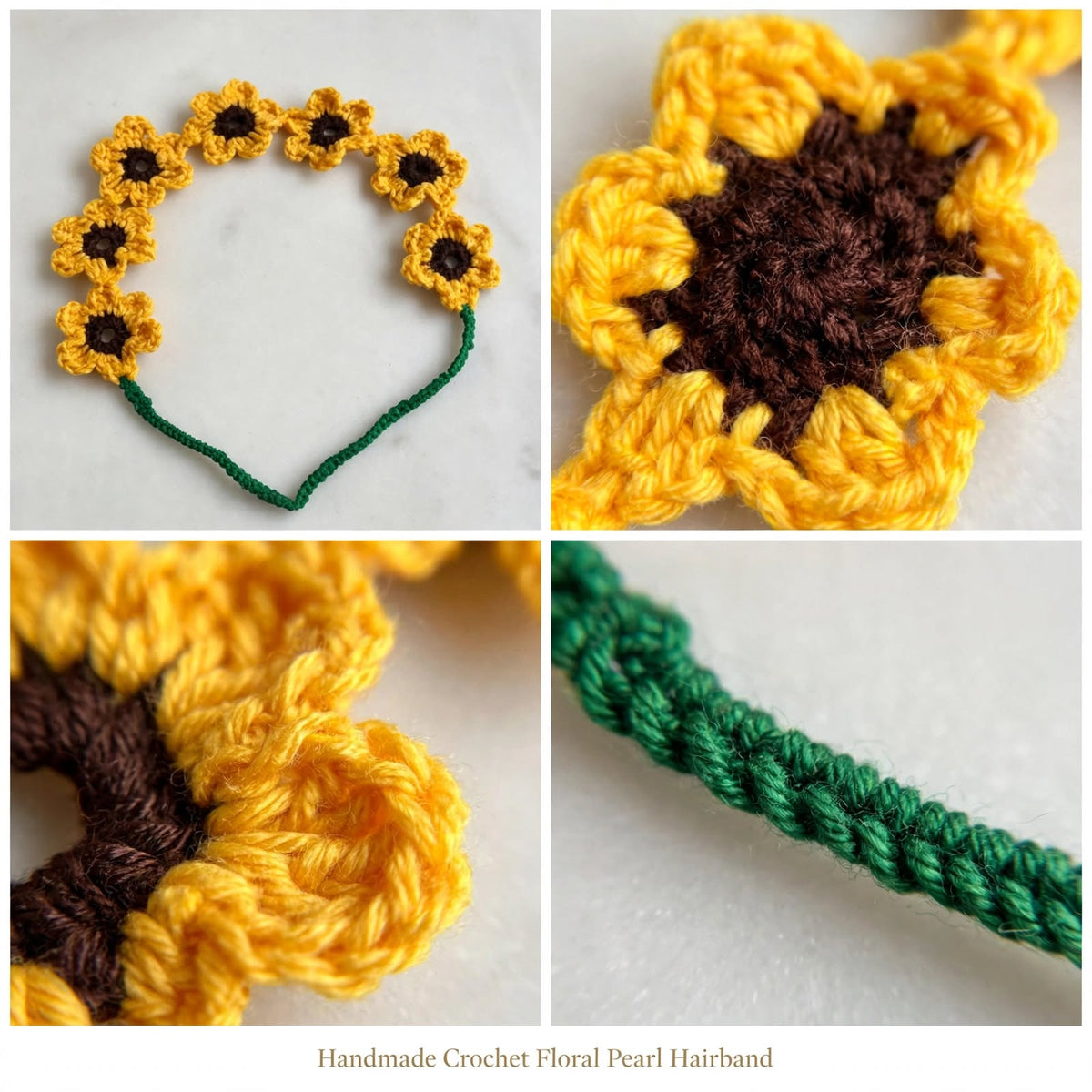 Handmade Crochet Sunflower Hairband – Green Band with Yellow Petals