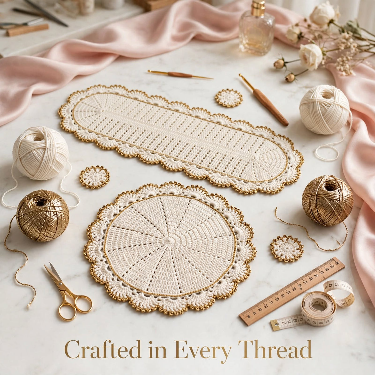Handmade Crochet Dining Table Set – Cream & Golden Elegant Table Decor