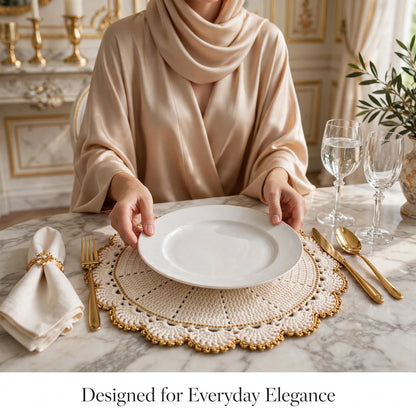 Handmade Crochet Dining Table Set – Cream & Golden Elegant Table Decor