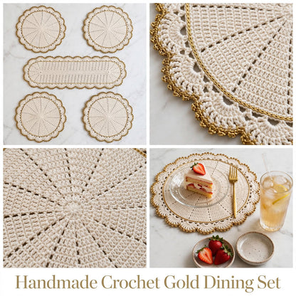 Handmade Crochet Dining Table Set – Cream & Golden Elegant Table Decor