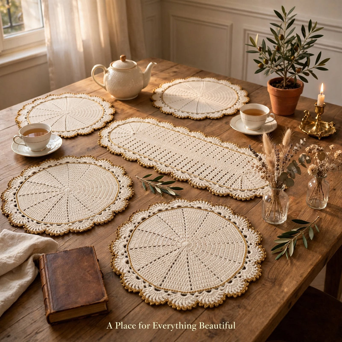Handmade Crochet Dining Table Set – Cream & Golden Elegant Table Decor