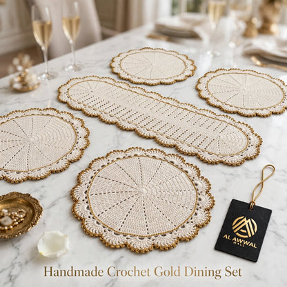 Handmade Crochet Dining Table Set – Cream & Golden Elegant Table Decor
