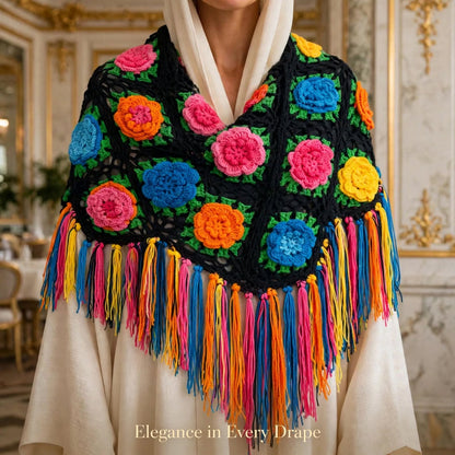 Handmade Crochet Shoulder Shawl – Black Base with Multicolor Rose Floral Blocks With Tessles
