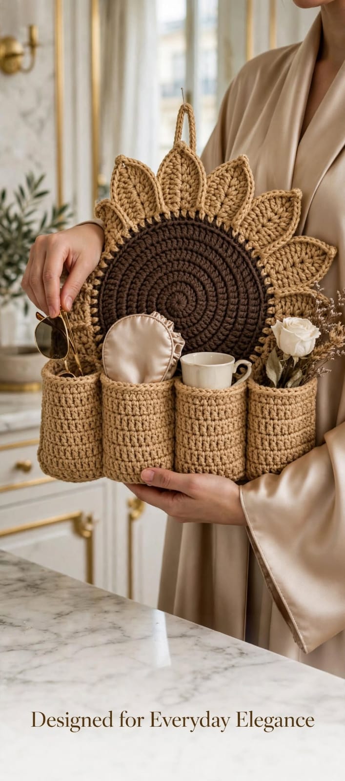 Handmade Crochet Sunflower Wall Organizer – Beige with 4 Round Pockets