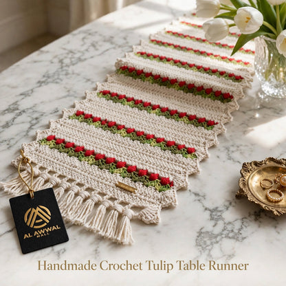 Handmade Crochet Cream Table Runner – Red & Green Floral Design with Tassels
