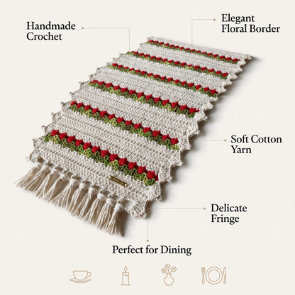 Handmade Crochet Cream Table Runner – Red & Green Floral Design with Tassels