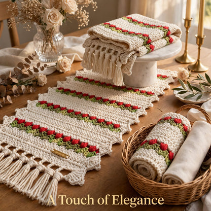 Handmade Crochet Cream Table Runner – Red & Green Floral Design with Tassels