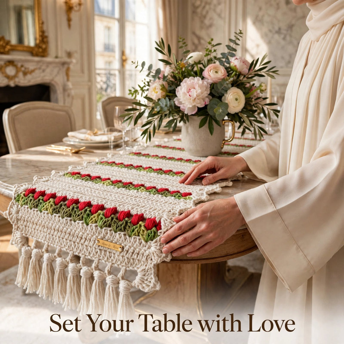 Handmade Crochet Cream Table Runner – Red & Green Floral Design with Tassels