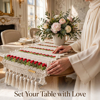 Handmade Crochet Cream Table Runner – Red & Green Floral Design with Tassels