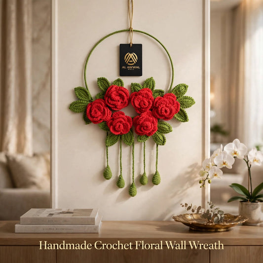 Handmade Crochet Red Rose Ring Wall Hanging – Green Leaf Details