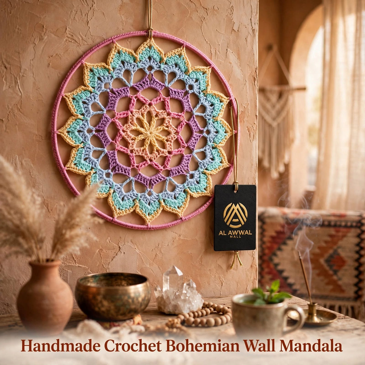 Handmade Crochet Woven Mandala Wall Hanging – Sky Blue & Cream Petal Edge