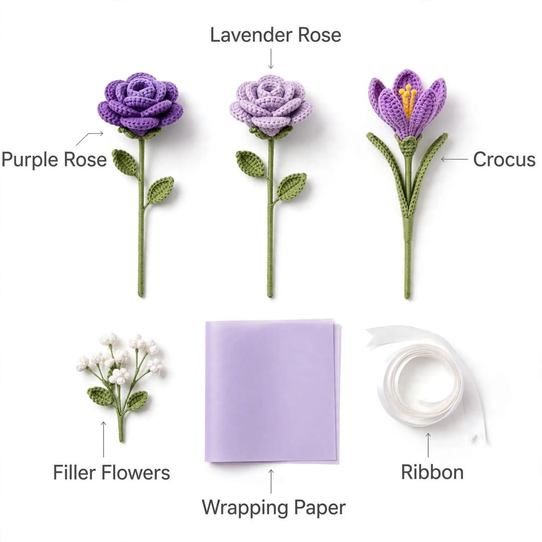 Handmade Crochet Purple Flower Bouquet – Violet Roses, Lavender & Crocus Flowers