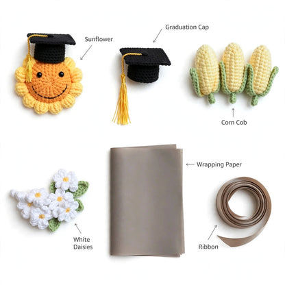 Handmade Crochet Graduation Bouquet with Smiling Sun, White Daisies and Corn
