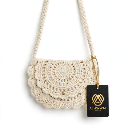 Handmade Crochet Cream Half-Moon Bag with Frill Detail