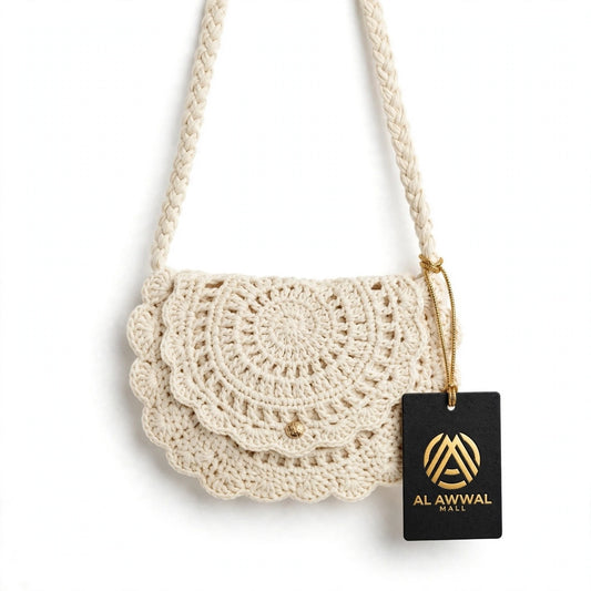 Handmade Crochet Cream Half-Moon Bag with Frill Detail