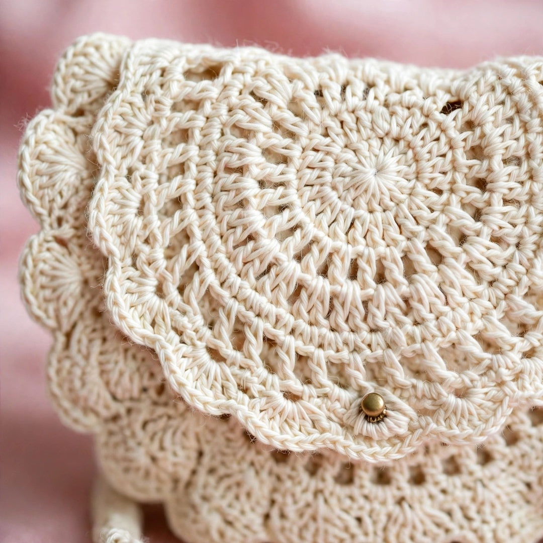 Handmade Crochet Cream Half-Moon Bag with Frill Detail