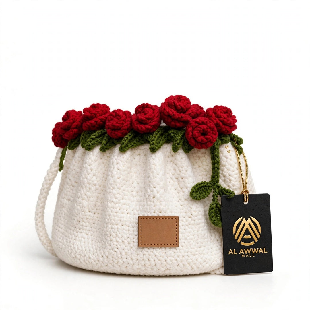 Handmade Crochet White Drawstring Bag with Rose Flowers, Green Leaves & Shoulder Straps