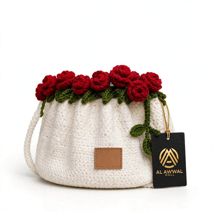 Handmade Crochet White Drawstring Bag with Rose Flowers, Green Leaves & Shoulder Straps