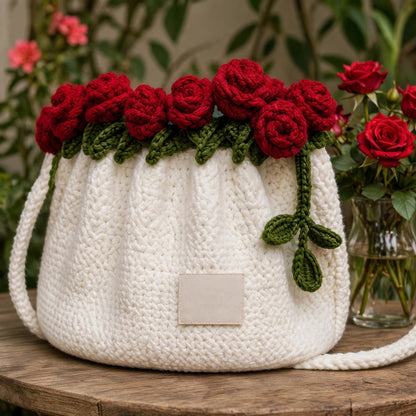 Handmade Crochet White Drawstring Bag with Rose Flowers, Green Leaves & Shoulder Straps