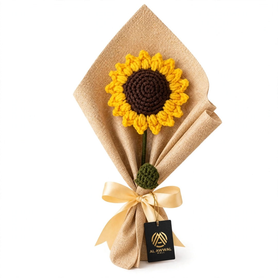 Sunflower Bouquet with Green Leaves, Burlap Wrapping & Ribbon Bow