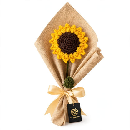 Sunflower Bouquet with Green Leaves, Burlap Wrapping & Ribbon Bow