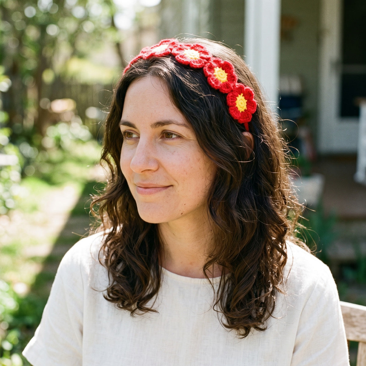 Handmade Crochet Daisy Flower Hair Band in Red and Yellow Details
