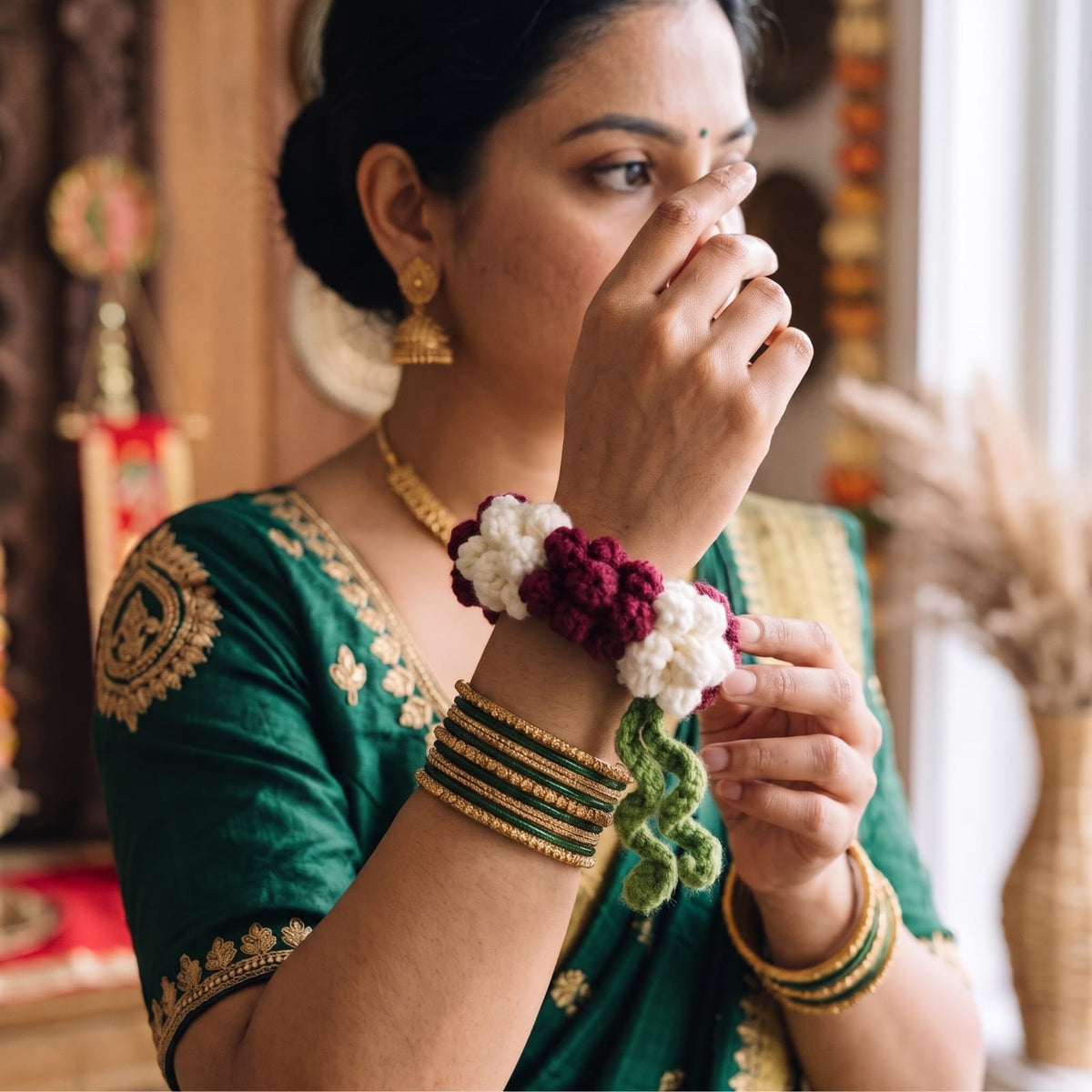 Handmade Crochet Maroon and White Floral Bridal Gajra for Women