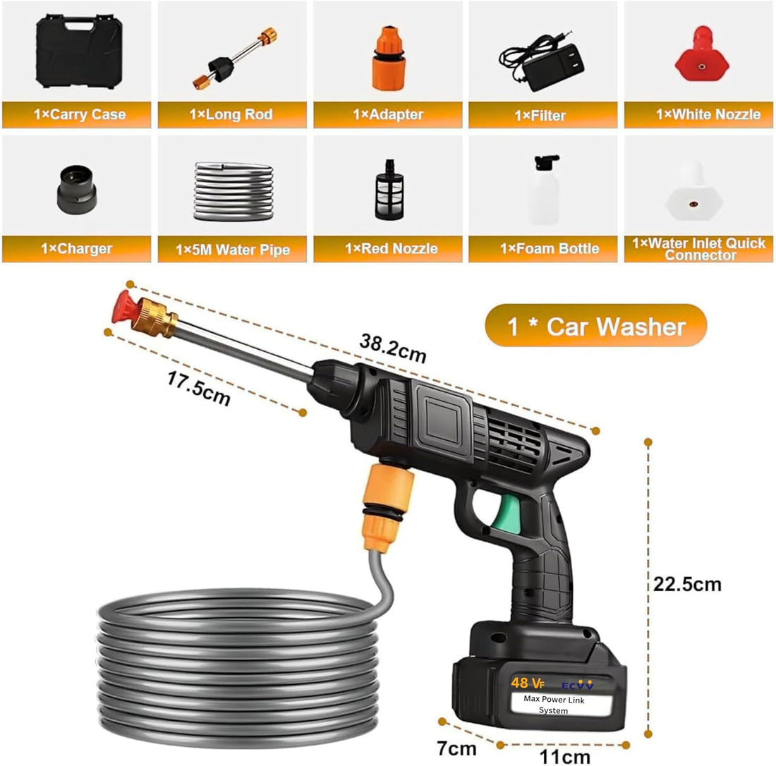 2 Batteries Rechargeable Wireless High Pressure Washer Gun for Cars, Solar, Bikes, Plants & more