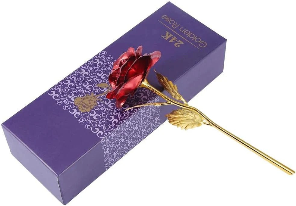 24K Gold Foil Artificial Rose with Base – Romantic Gift & Home Décor (Red)
