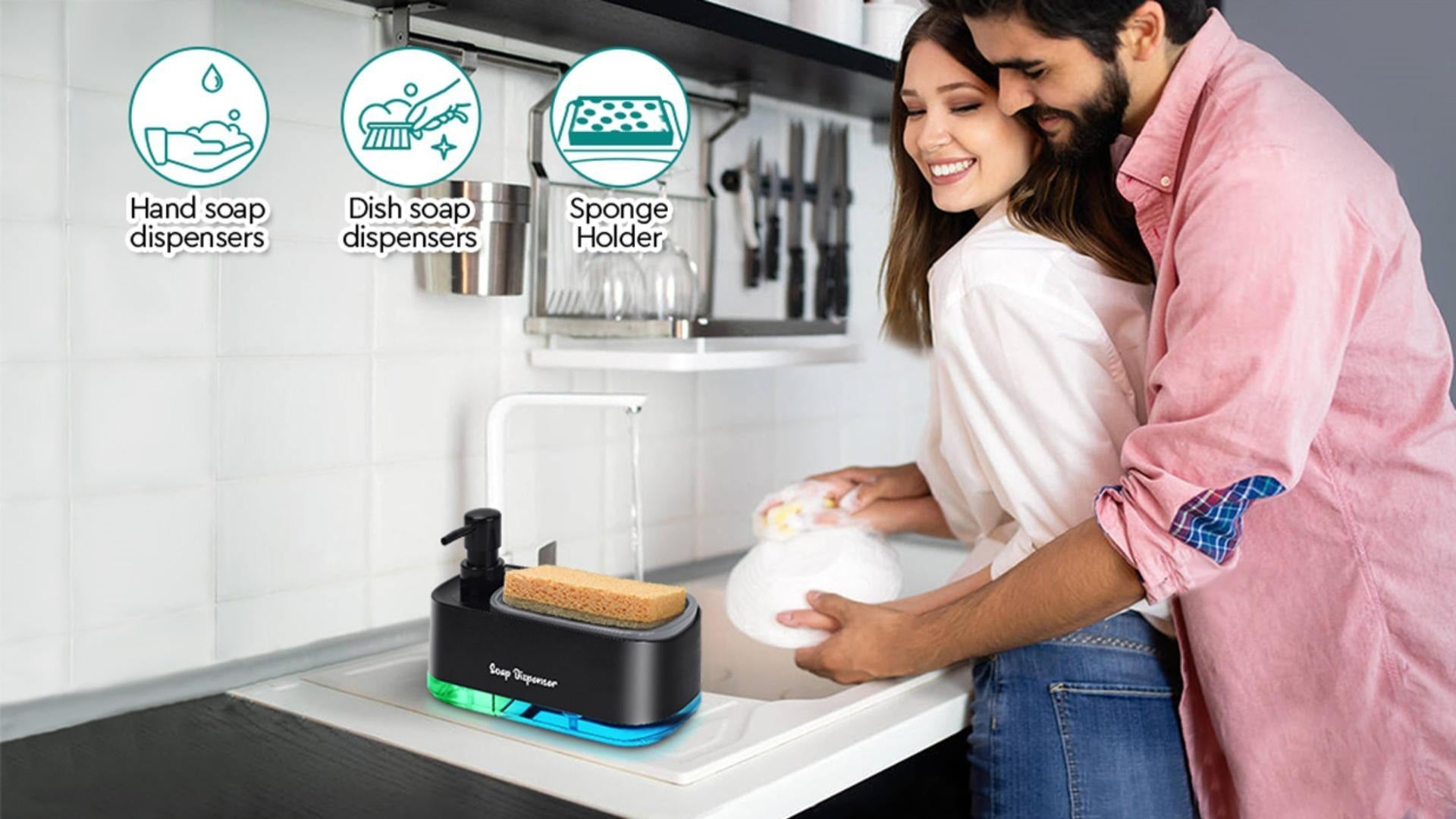 Kitchen Dishwashing Soap Dispenser with Dual Compartments Hand Wash & Sponge Tray