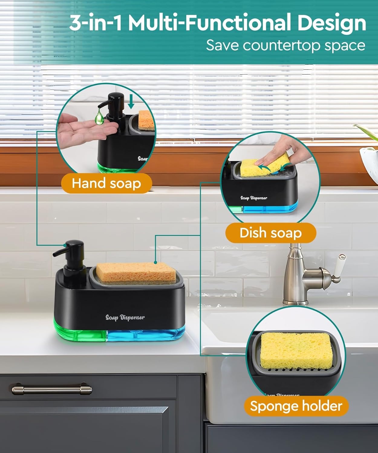 Kitchen Dishwashing Soap Dispenser with Dual Compartments Hand Wash & Sponge Tray