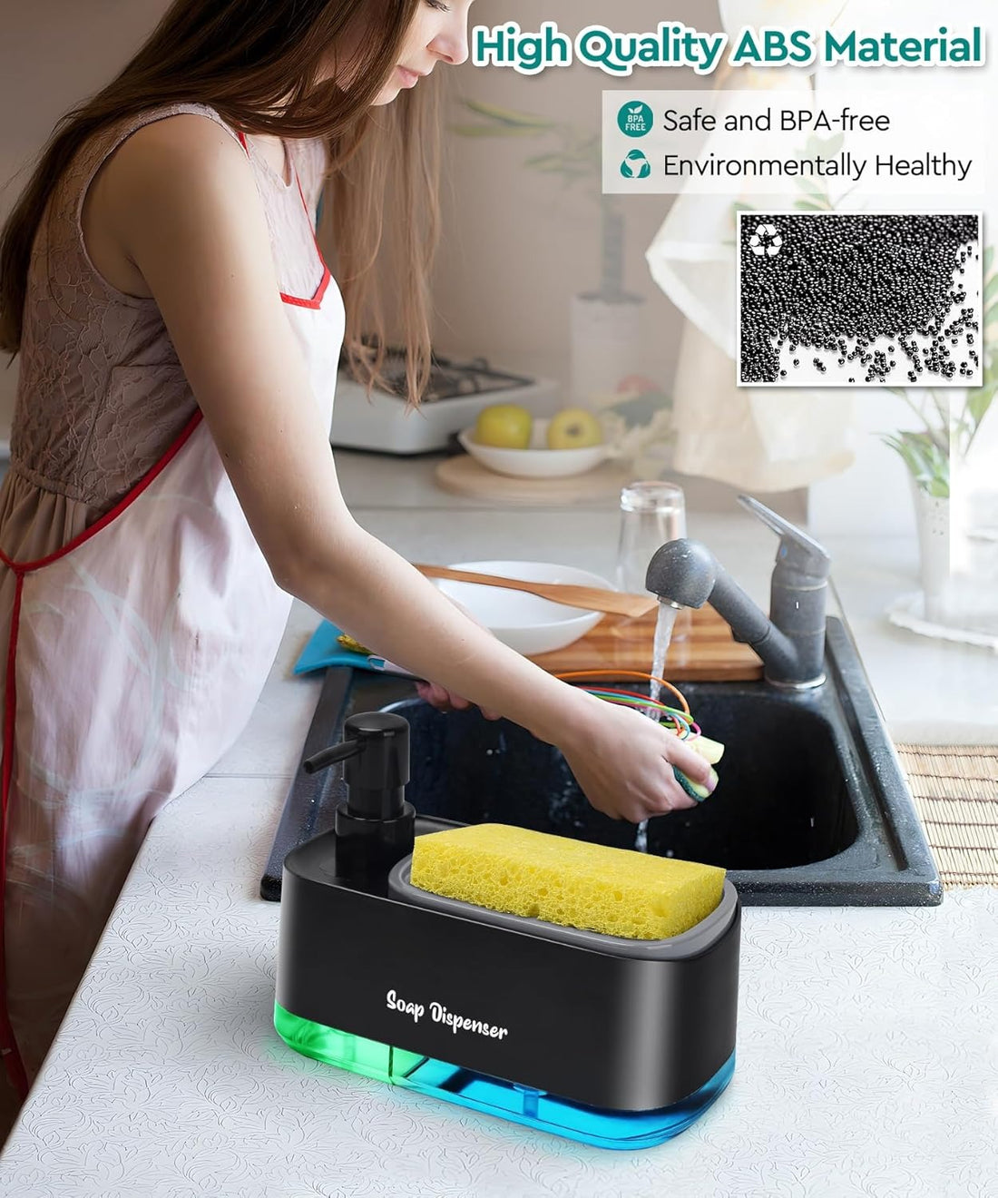 Kitchen Dishwashing Soap Dispenser with Dual Compartments Hand Wash & Sponge Tray