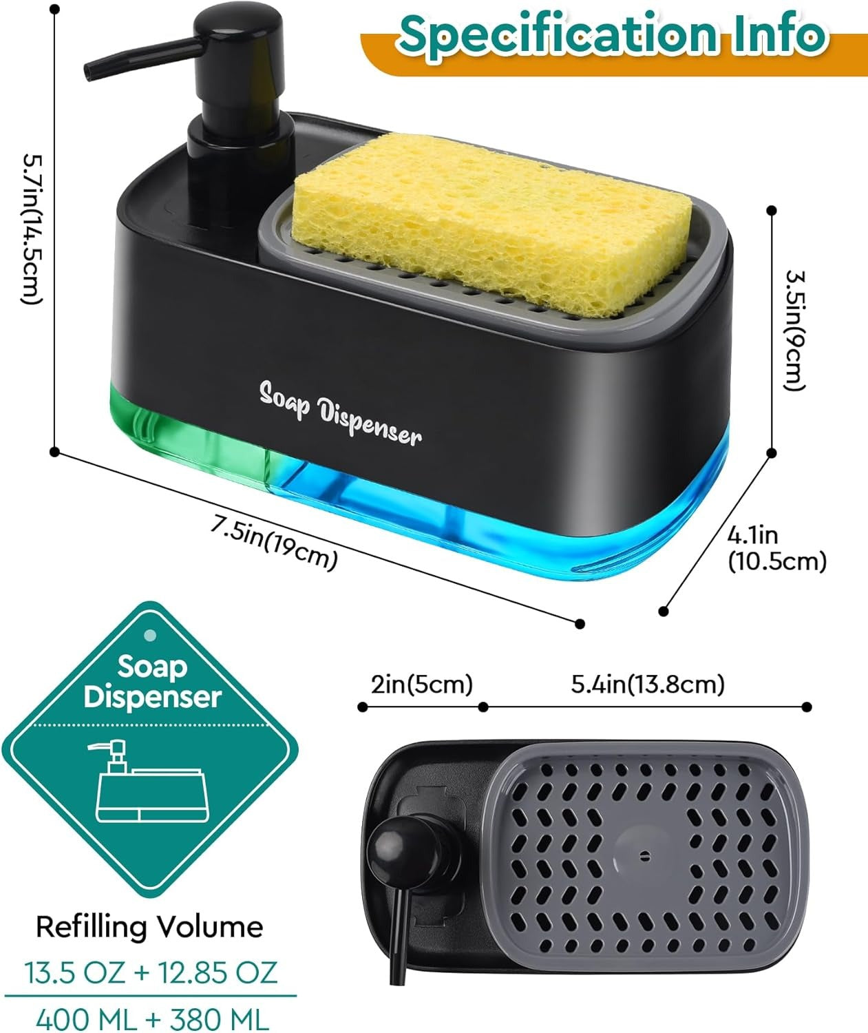 Kitchen Dishwashing Soap Dispenser with Dual Compartments Hand Wash & Sponge Tray