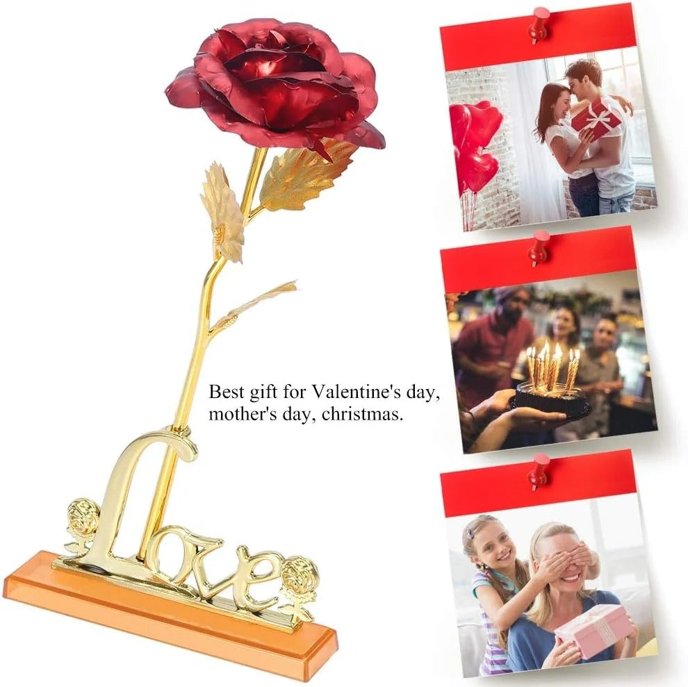 24K Gold Foil Artificial Rose with Base – Romantic Gift & Home Décor (Red)