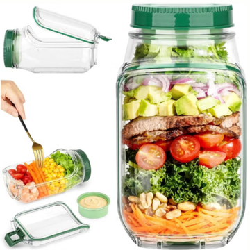 Portable Salad Jar Pod with Side Opening & Sauce Container – Leakproof Meal Prep Lunch Box
