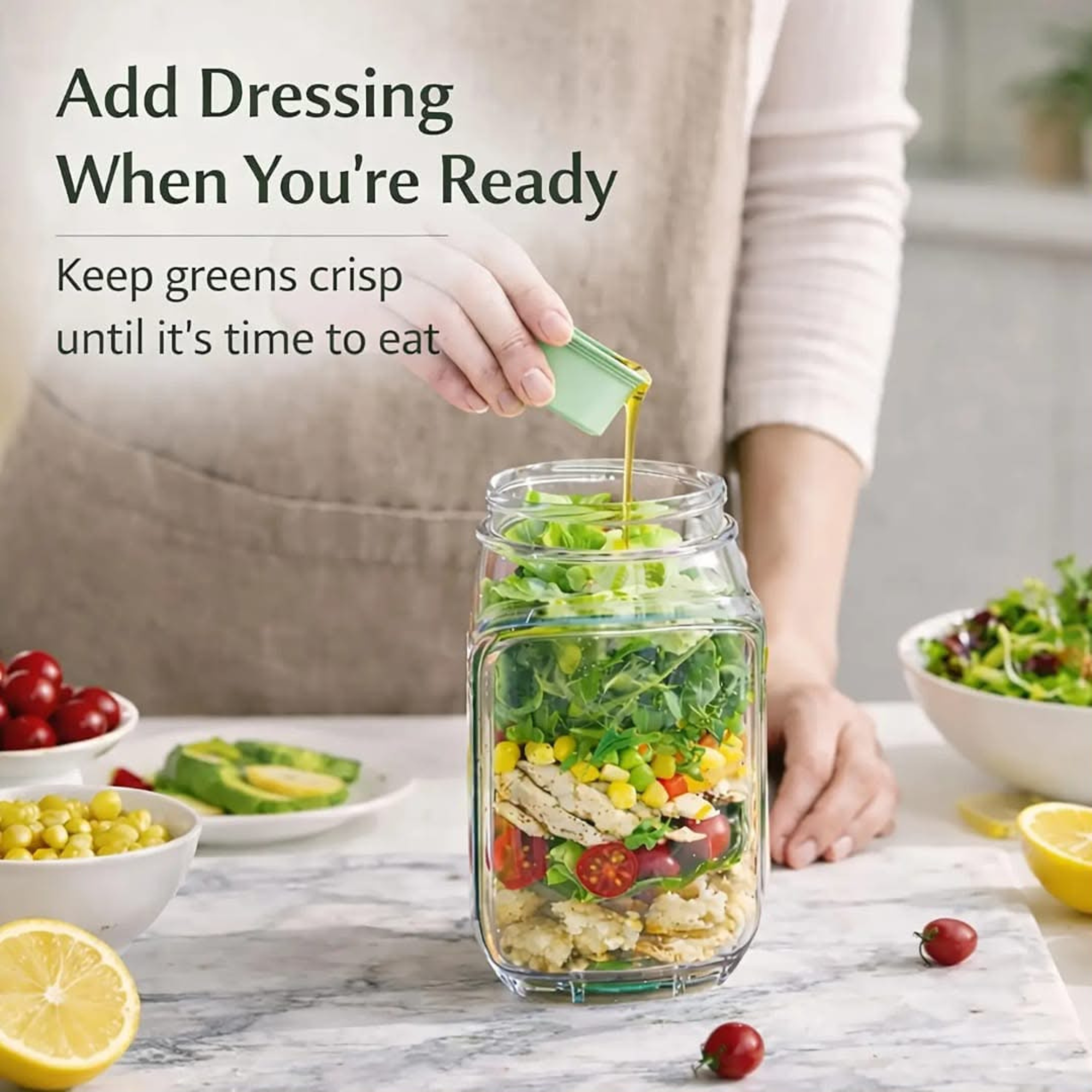 Portable Salad Jar Pod with Side Opening & Sauce Container – Leakproof Meal Prep Lunch Box