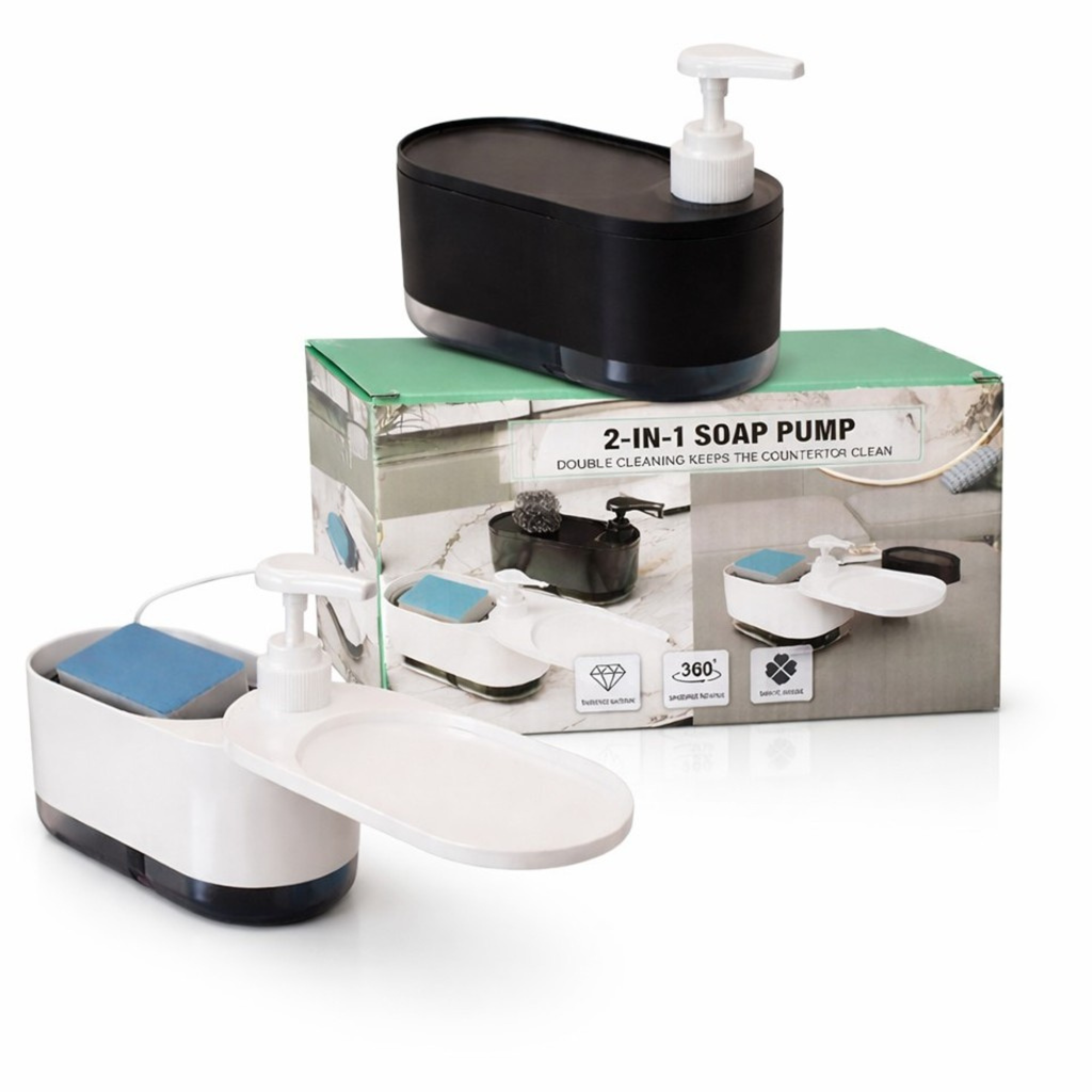 2-in-1 Soap Dispenser for Kitchen & Bathroom with Sponge Holder & 360° Tray