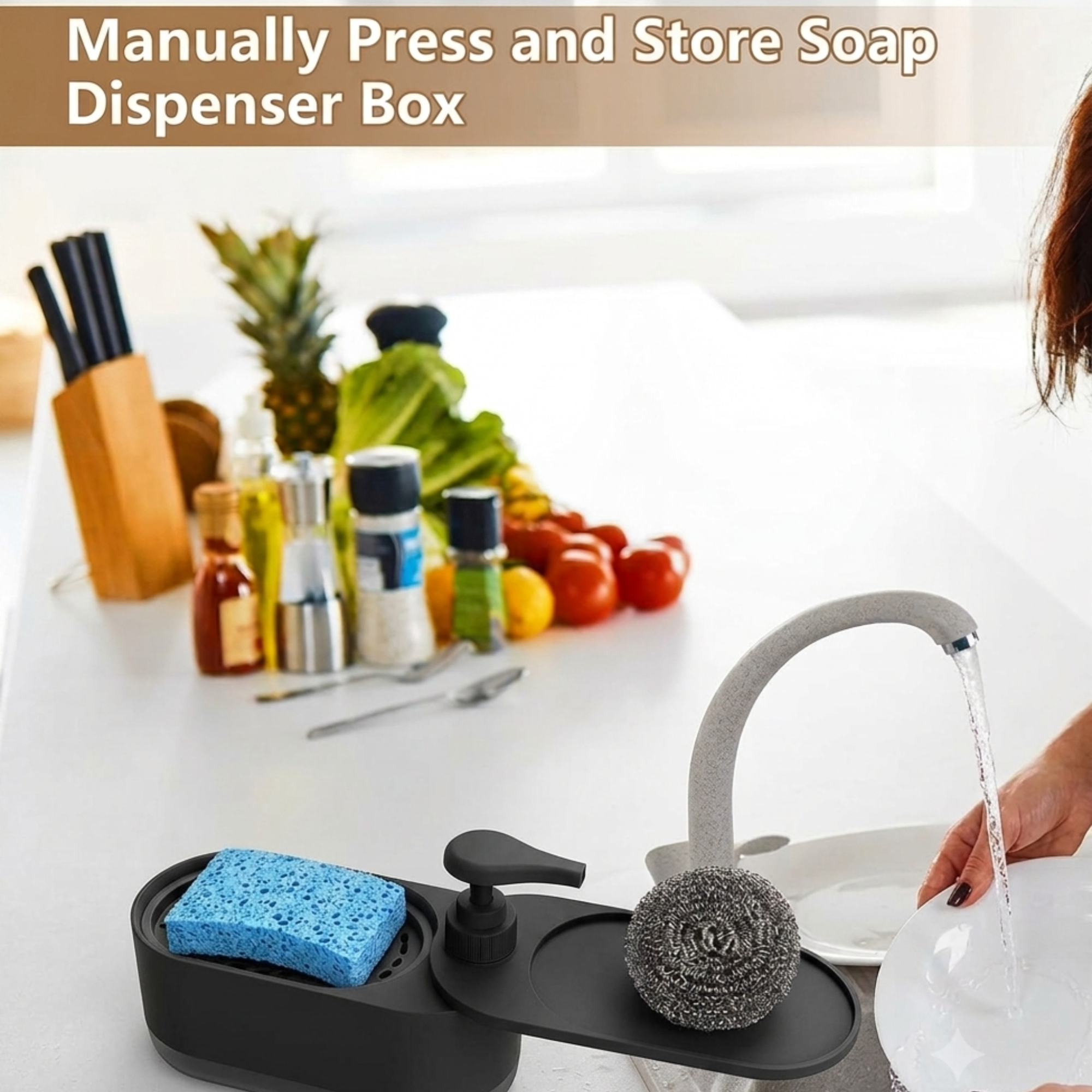 2-in-1 Soap Dispenser for Kitchen & Bathroom with Sponge Holder & 360° Tray