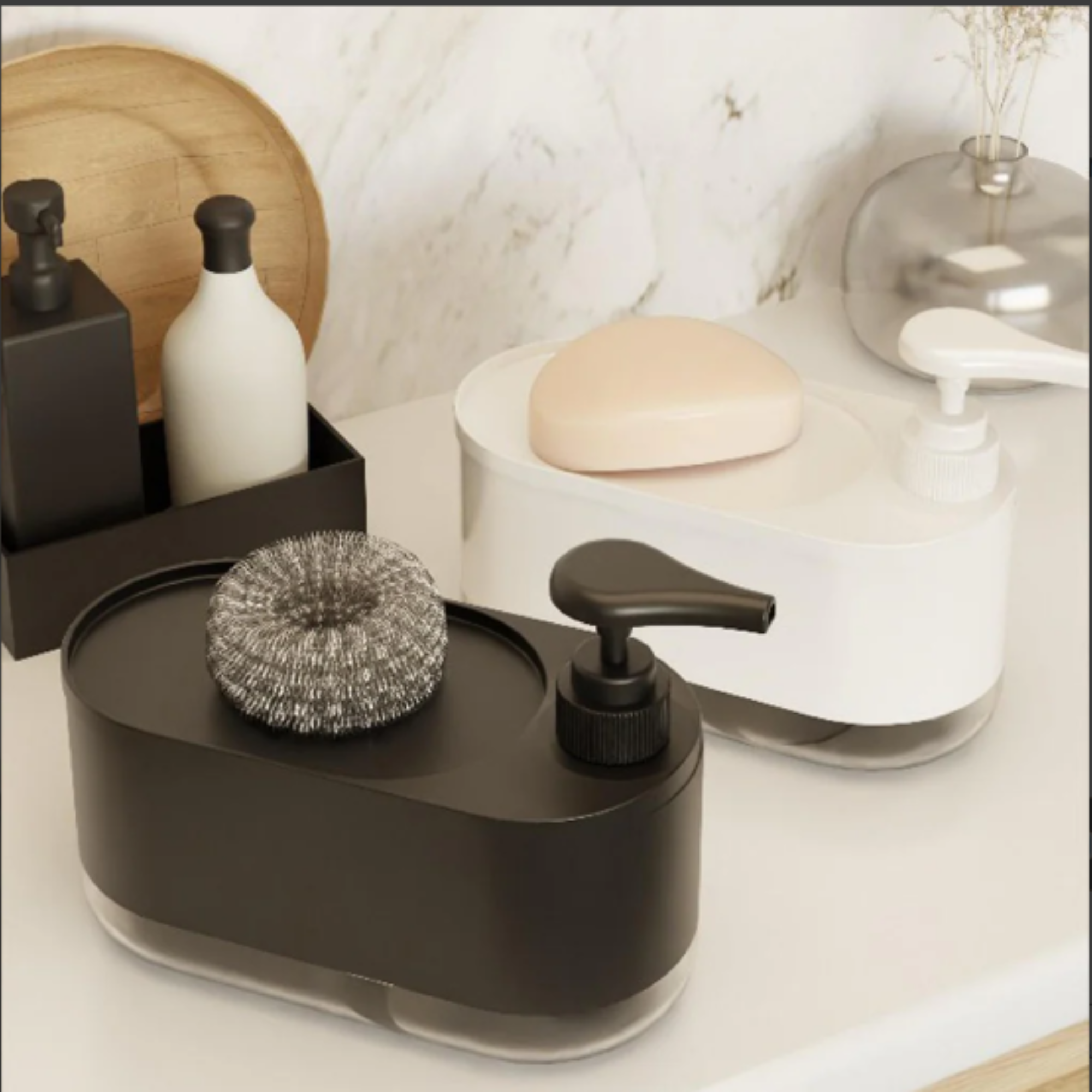 2-in-1 Soap Dispenser for Kitchen & Bathroom with Sponge Holder & 360° Tray